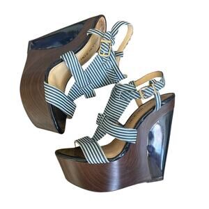 Women's GIANNI BINI Wood Block and Blue Stripe Leather Platform Wedges (6.5M)
